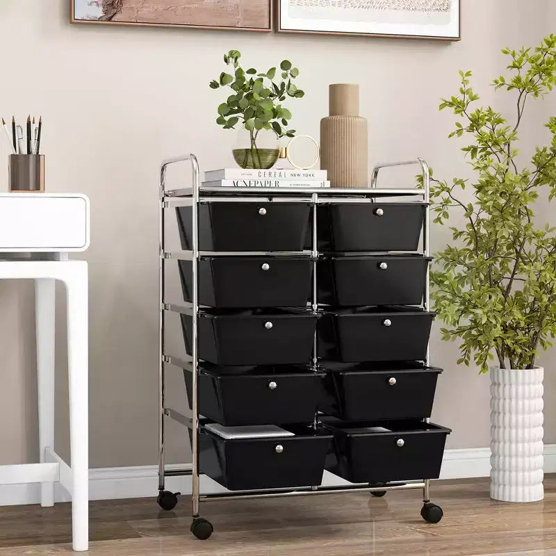 Costway carrello portaoggetti a 10 cassetti, carrello di servizio con rotelle, organizer da cucina/ufficio nero/trasparente/macaron/grigio/gradiente nero/multicolore/rosa/arcobaleno con bianco/rosa shocking/rosa carne/viola