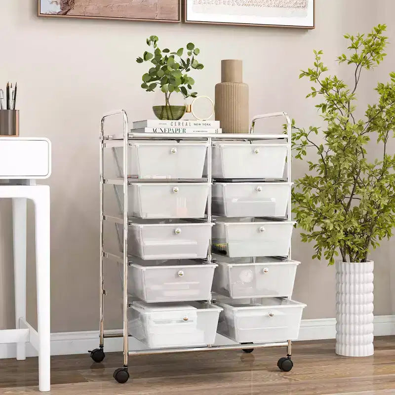 Costway carrello portaoggetti a 10 cassetti, carrello di servizio con rotelle, organizer da cucina/ufficio nero/trasparente/macaron/grigio/gradiente nero/multicolore/rosa/arcobaleno con bianco/rosa shocking/rosa carne/viola