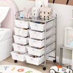 Costway carrello portaoggetti a 10 cassetti, carrello di servizio con rotelle, organizer da cucina/ufficio nero/trasparente/macaron/grigio/gradiente nero/multicolore/rosa/arcobaleno con bianco/rosa shocking/rosa carne/viola