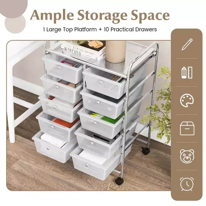 Costway carrello portaoggetti a 10 cassetti, carrello di servizio con rotelle, organizer da cucina/ufficio nero/trasparente/macaron/grigio/gradiente nero/multicolore/rosa/arcobaleno con bianco/rosa shocking/rosa carne/viola