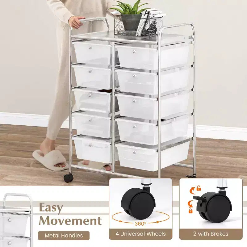 Costway carrello portaoggetti a 10 cassetti, carrello di servizio con rotelle, organizer da cucina/ufficio nero/trasparente/macaron/grigio/gradiente nero/multicolore/rosa/arcobaleno con bianco/rosa shocking/rosa carne/viola