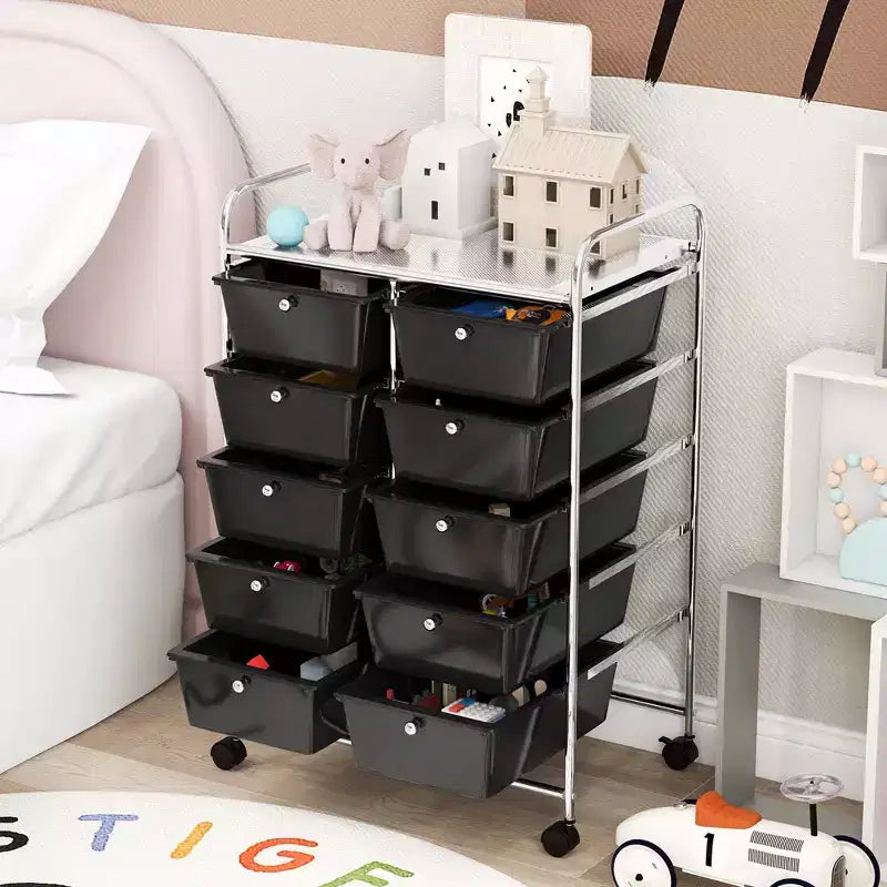 Costway carrello portaoggetti a 10 cassetti, carrello di servizio con rotelle, organizer da cucina/ufficio nero/trasparente/macaron/grigio/gradiente nero/multicolore/rosa/arcobaleno con bianco/rosa shocking/rosa carne/viola