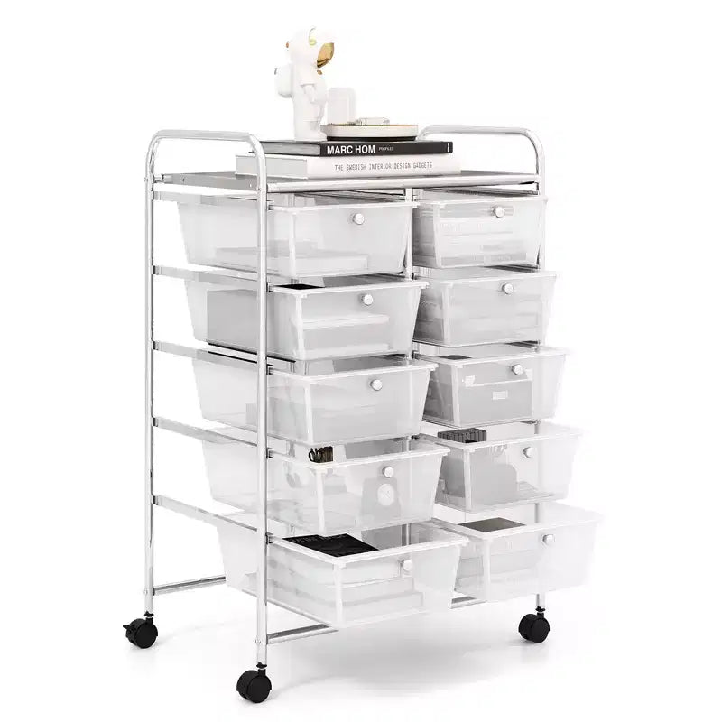 Costway carrello portaoggetti a 10 cassetti, carrello di servizio con rotelle, organizer da cucina/ufficio nero/trasparente/macaron/grigio/gradiente nero/multicolore/rosa/arcobaleno con bianco/rosa shocking/rosa carne/viola