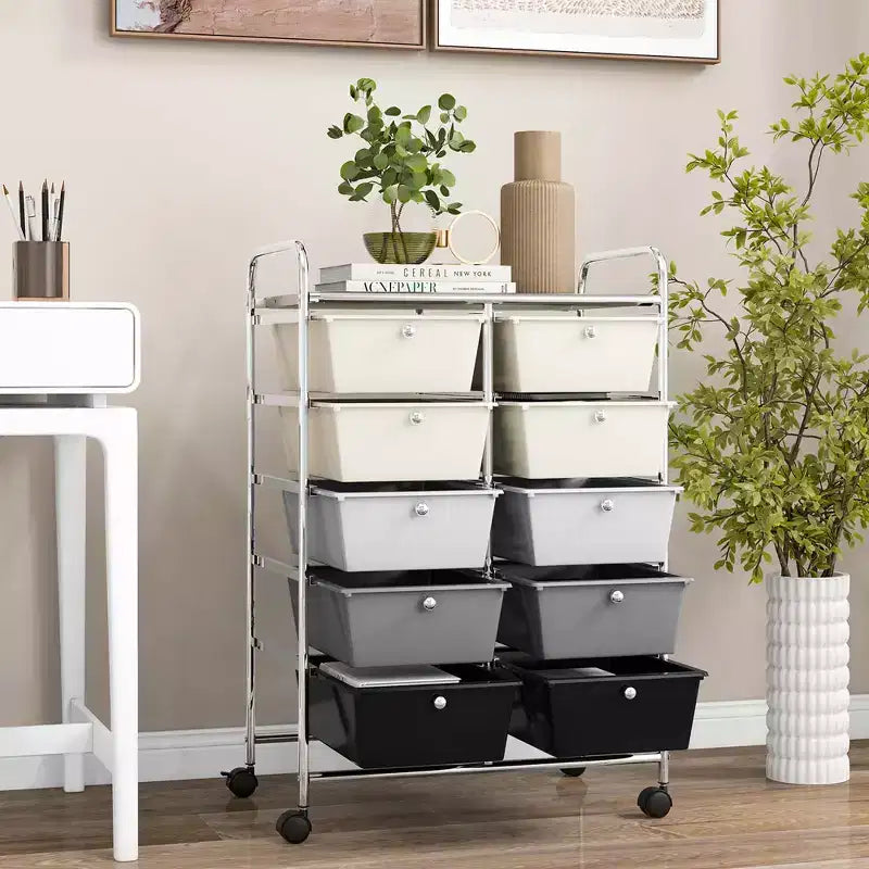 Costway carrello portaoggetti a 10 cassetti, carrello di servizio con rotelle, organizer da cucina/ufficio nero/trasparente/macaron/grigio/gradiente nero/multicolore/rosa/arcobaleno con bianco/rosa shocking/rosa carne/viola