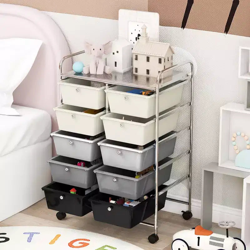 Costway carrello portaoggetti a 10 cassetti, carrello di servizio con rotelle, organizer da cucina/ufficio nero/trasparente/macaron/grigio/gradiente nero/multicolore/rosa/arcobaleno con bianco/rosa shocking/rosa carne/viola