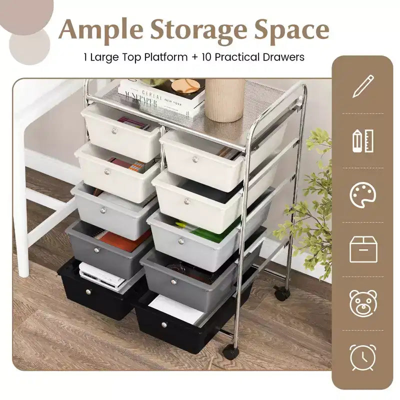 Costway carrello portaoggetti a 10 cassetti, carrello di servizio con rotelle, organizer da cucina/ufficio nero/trasparente/macaron/grigio/gradiente nero/multicolore/rosa/arcobaleno con bianco/rosa shocking/rosa carne/viola