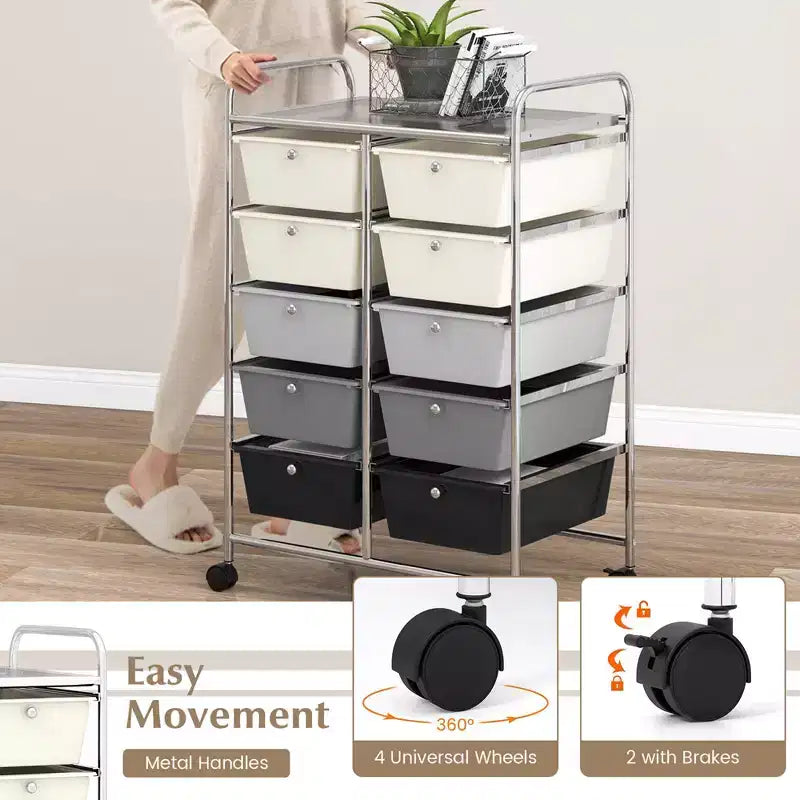 Costway carrello portaoggetti a 10 cassetti, carrello di servizio con rotelle, organizer da cucina/ufficio nero/trasparente/macaron/grigio/gradiente nero/multicolore/rosa/arcobaleno con bianco/rosa shocking/rosa carne/viola
