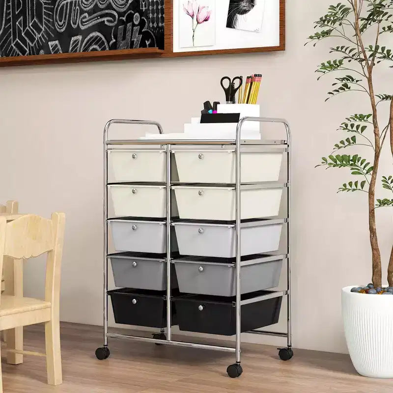 Costway carrello portaoggetti a 10 cassetti, carrello di servizio con rotelle, organizer da cucina/ufficio nero/trasparente/macaron/grigio/gradiente nero/multicolore/rosa/arcobaleno con bianco/rosa shocking/rosa carne/viola