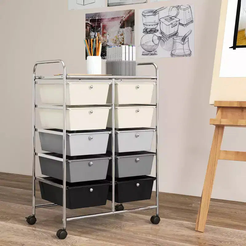Costway carrello portaoggetti a 10 cassetti, carrello di servizio con rotelle, organizer da cucina/ufficio nero/trasparente/macaron/grigio/gradiente nero/multicolore/rosa/arcobaleno con bianco/rosa shocking/rosa carne/viola