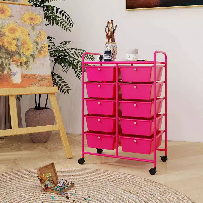 Costway carrello portaoggetti a 10 cassetti, carrello di servizio con rotelle, organizer da cucina/ufficio nero/trasparente/macaron/grigio/gradiente nero/multicolore/rosa/arcobaleno con bianco/rosa shocking/rosa carne/viola