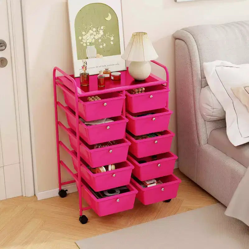 Costway carrello portaoggetti a 10 cassetti, carrello di servizio con rotelle, organizer da cucina/ufficio nero/trasparente/macaron/grigio/gradiente nero/multicolore/rosa/arcobaleno con bianco/rosa shocking/rosa carne/viola