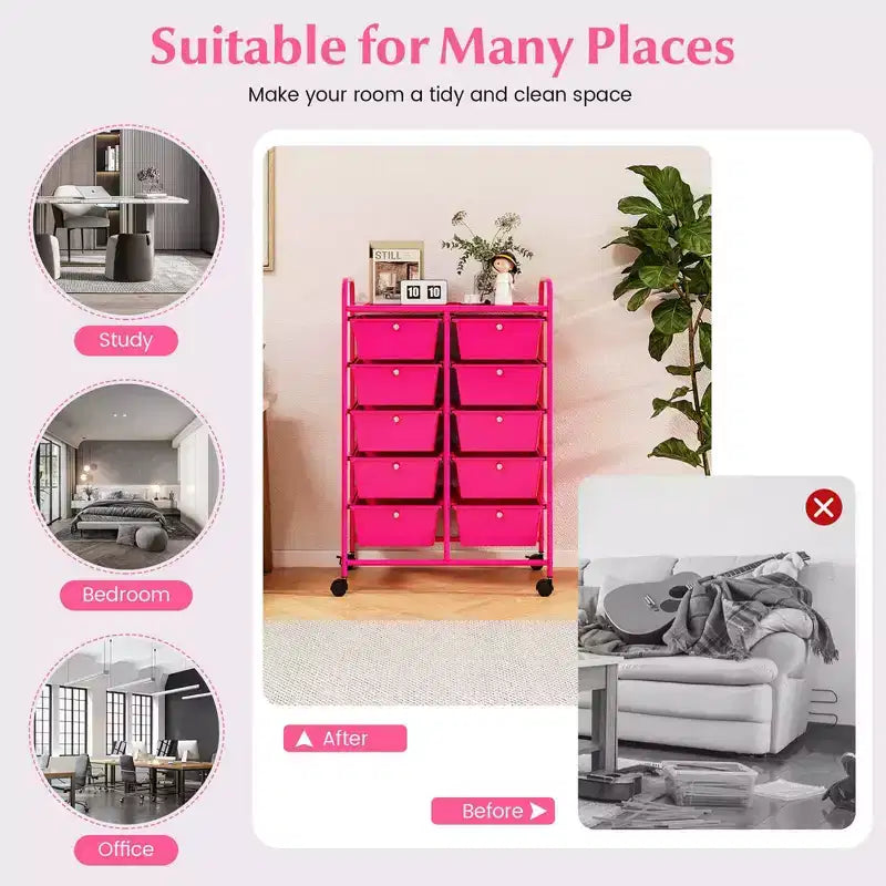 Costway carrello portaoggetti a 10 cassetti, carrello di servizio con rotelle, organizer da cucina/ufficio nero/trasparente/macaron/grigio/gradiente nero/multicolore/rosa/arcobaleno con bianco/rosa shocking/rosa carne/viola
