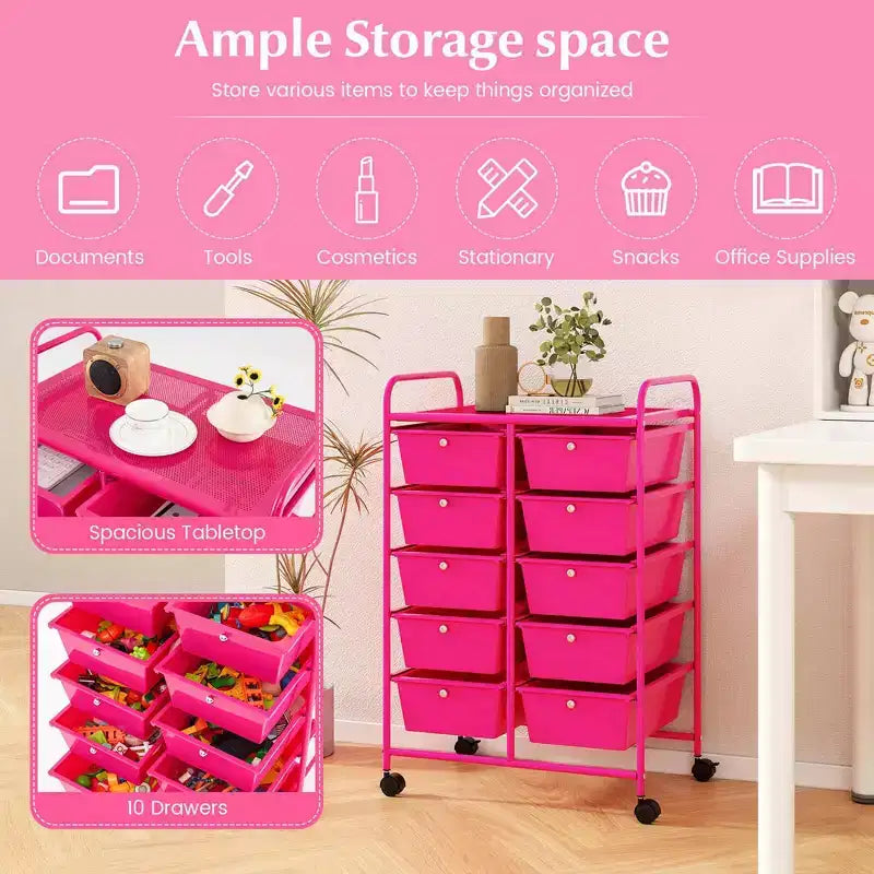 Costway carrello portaoggetti a 10 cassetti, carrello di servizio con rotelle, organizer da cucina/ufficio nero/trasparente/macaron/grigio/gradiente nero/multicolore/rosa/arcobaleno con bianco/rosa shocking/rosa carne/viola