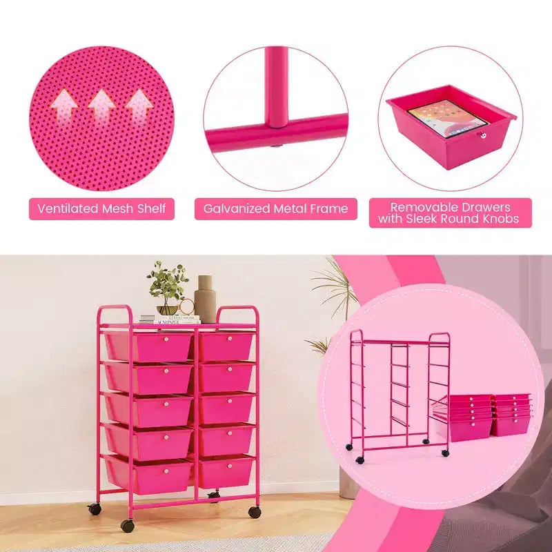 Costway carrello portaoggetti a 10 cassetti, carrello di servizio con rotelle, organizer da cucina/ufficio nero/trasparente/macaron/grigio/gradiente nero/multicolore/rosa/arcobaleno con bianco/rosa shocking/rosa carne/viola