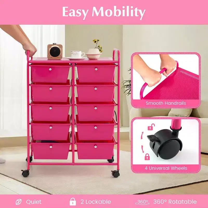 Costway carrello portaoggetti a 10 cassetti, carrello di servizio con rotelle, organizer da cucina/ufficio nero/trasparente/macaron/grigio/gradiente nero/multicolore/rosa/arcobaleno con bianco/rosa shocking/rosa carne/viola