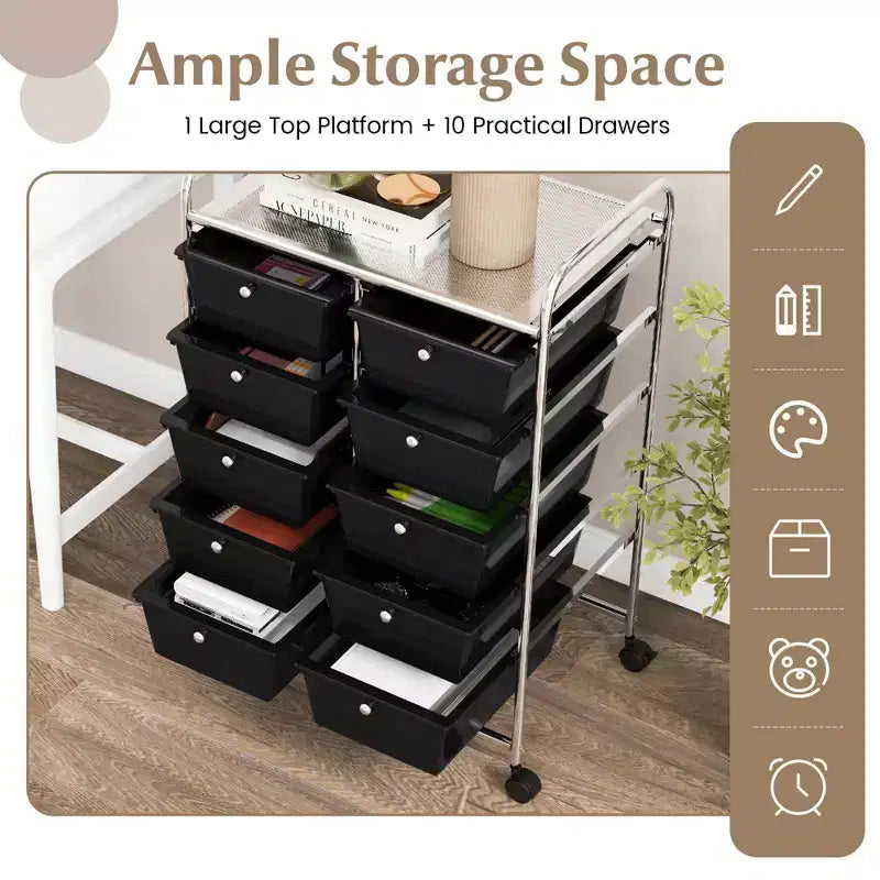 Costway carrello portaoggetti a 10 cassetti, carrello di servizio con rotelle, organizer da cucina/ufficio nero/trasparente/macaron/grigio/gradiente nero/multicolore/rosa/arcobaleno con bianco/rosa shocking/rosa carne/viola