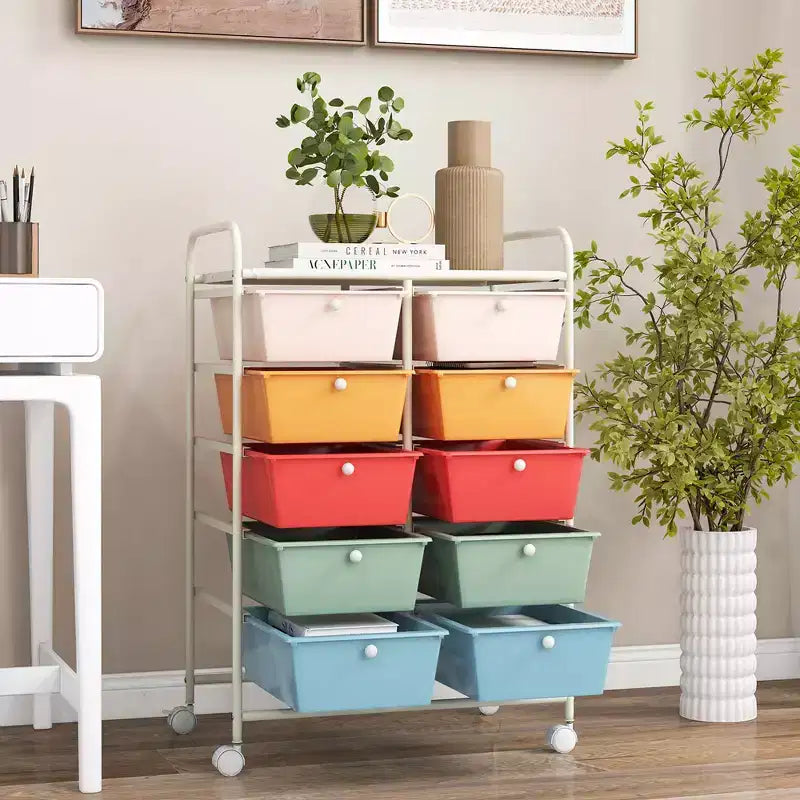 Costway carrello portaoggetti a 10 cassetti, carrello di servizio con rotelle, organizer da cucina/ufficio nero/trasparente/macaron/grigio/gradiente nero/multicolore/rosa/arcobaleno con bianco/rosa shocking/rosa carne/viola