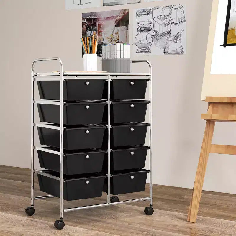 Costway carrello portaoggetti a 10 cassetti, carrello di servizio con rotelle, organizer da cucina/ufficio nero/trasparente/macaron/grigio/gradiente nero/multicolore/rosa/arcobaleno con bianco/rosa shocking/rosa carne/viola