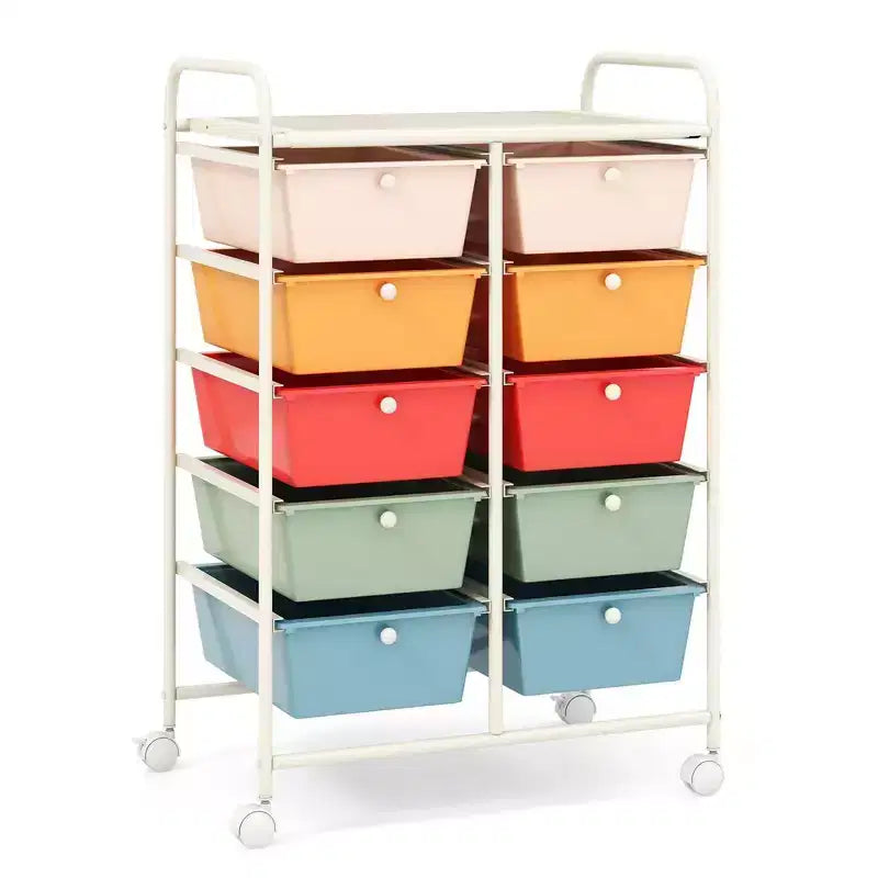 Costway carrello portaoggetti a 10 cassetti, carrello di servizio con rotelle, organizer da cucina/ufficio nero/trasparente/macaron/grigio/gradiente nero/multicolore/rosa/arcobaleno con bianco/rosa shocking/rosa carne/viola