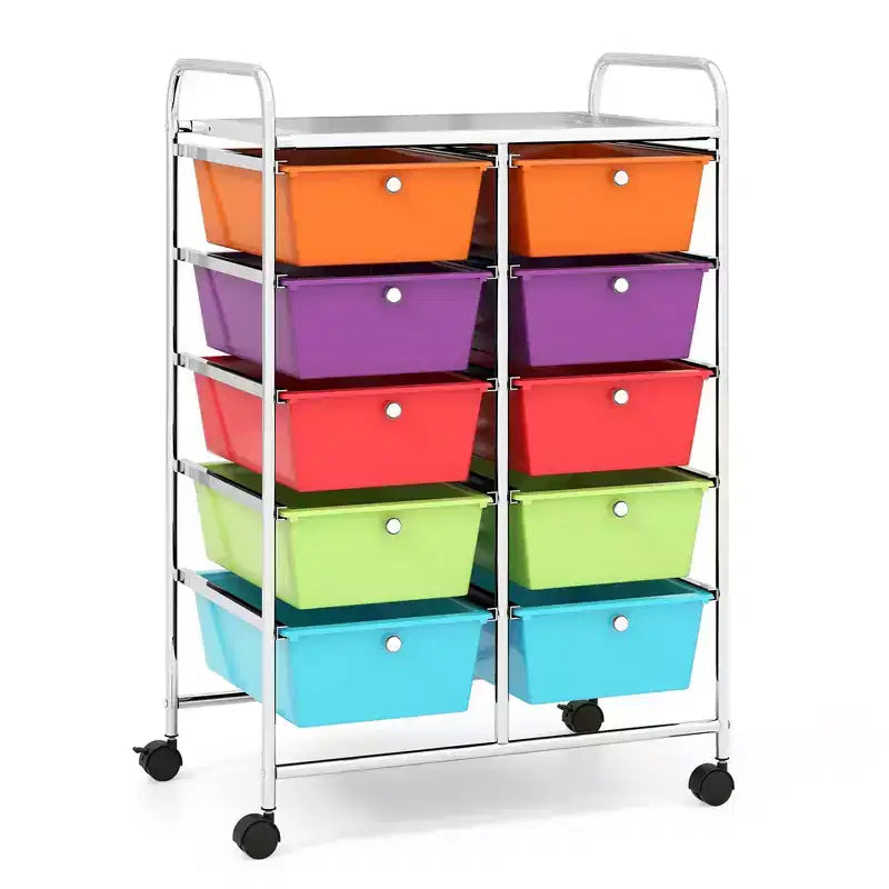 Costway carrello portaoggetti a 10 cassetti, carrello di servizio con rotelle, organizer da cucina/ufficio nero/trasparente/macaron/grigio/gradiente nero/multicolore/rosa/arcobaleno con bianco/rosa shocking/rosa carne/viola