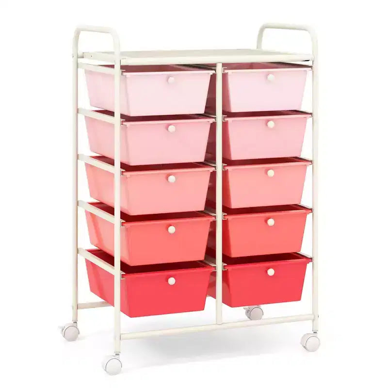 Costway carrello portaoggetti a 10 cassetti, carrello di servizio con rotelle, organizer da cucina/ufficio nero/trasparente/macaron/grigio/gradiente nero/multicolore/rosa/arcobaleno con bianco/rosa shocking/rosa carne/viola