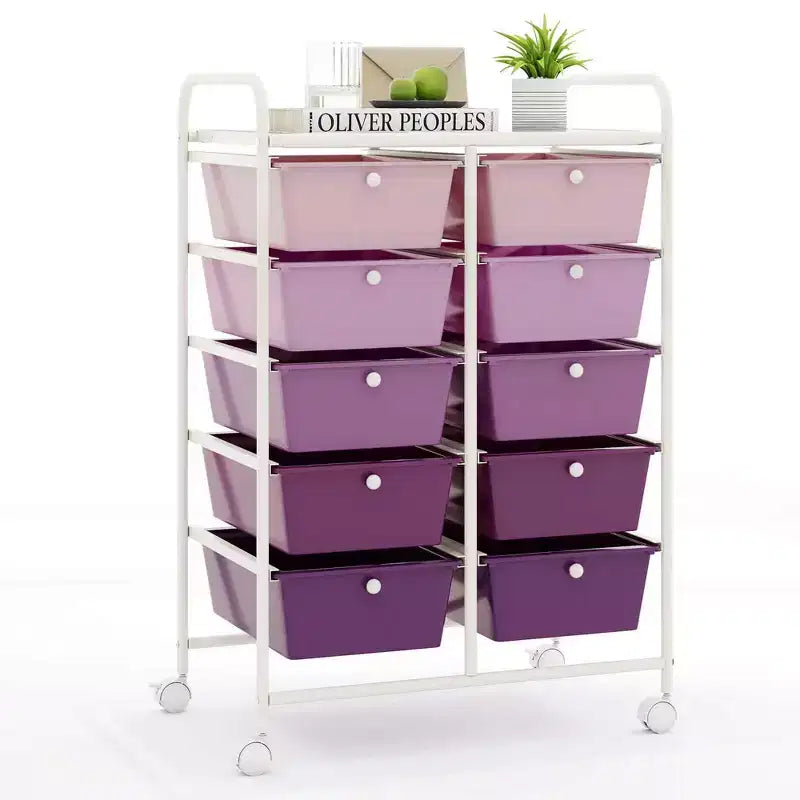 Costway carrello portaoggetti a 10 cassetti, carrello di servizio con rotelle, organizer da cucina/ufficio nero/trasparente/macaron/grigio/gradiente nero/multicolore/rosa/arcobaleno con bianco/rosa shocking/rosa carne/viola