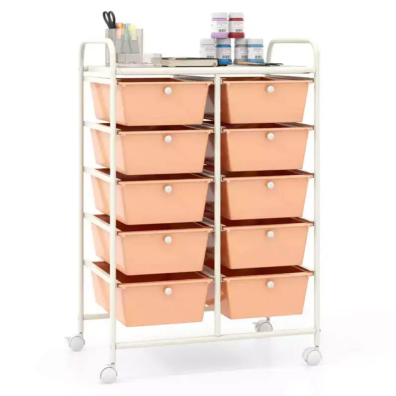 Costway carrello portaoggetti a 10 cassetti, carrello di servizio con rotelle, organizer da cucina/ufficio nero/trasparente/macaron/grigio/gradiente nero/multicolore/rosa/arcobaleno con bianco/rosa shocking/rosa carne/viola