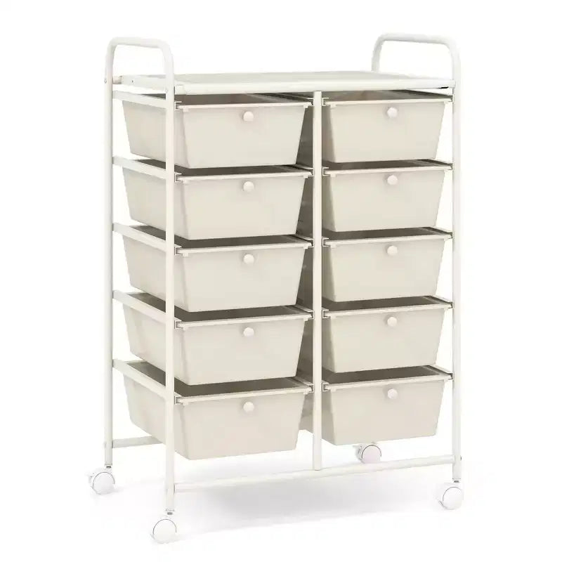 Costway carrello portaoggetti a 10 cassetti, carrello di servizio con rotelle, organizer da cucina/ufficio nero/trasparente/macaron/grigio/gradiente nero/multicolore/rosa/arcobaleno con bianco/rosa shocking/rosa carne/viola