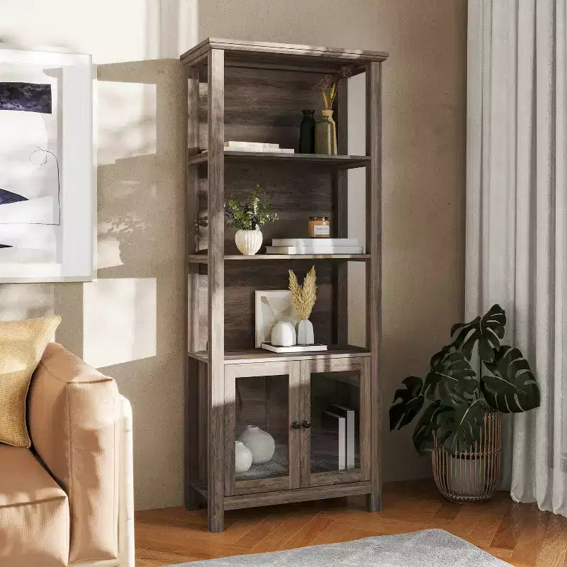Libreria e armadietto contenitore Flash Furniture Stella Modern Farmhouse con ante in vetro temperato e 3 ripiani superiori