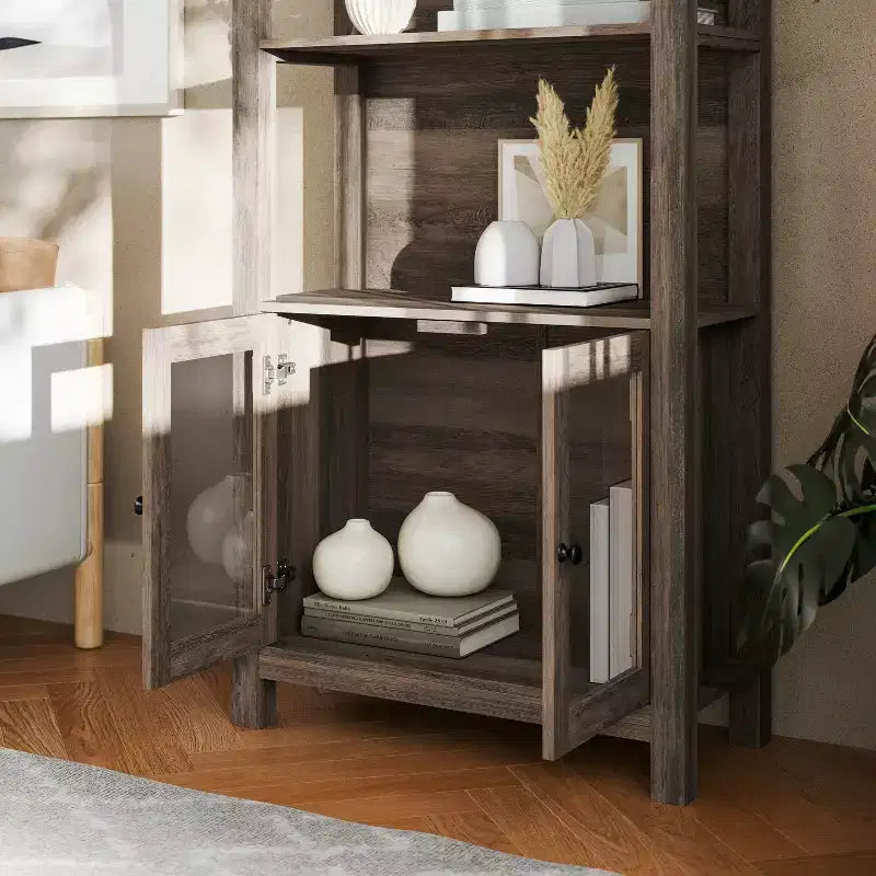 Libreria e armadietto contenitore Flash Furniture Stella Modern Farmhouse con ante in vetro temperato e 3 ripiani superiori