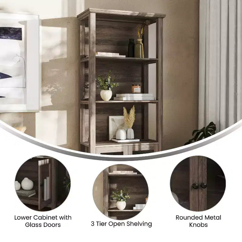 Libreria e armadietto contenitore Flash Furniture Stella Modern Farmhouse con ante in vetro temperato e 3 ripiani superiori