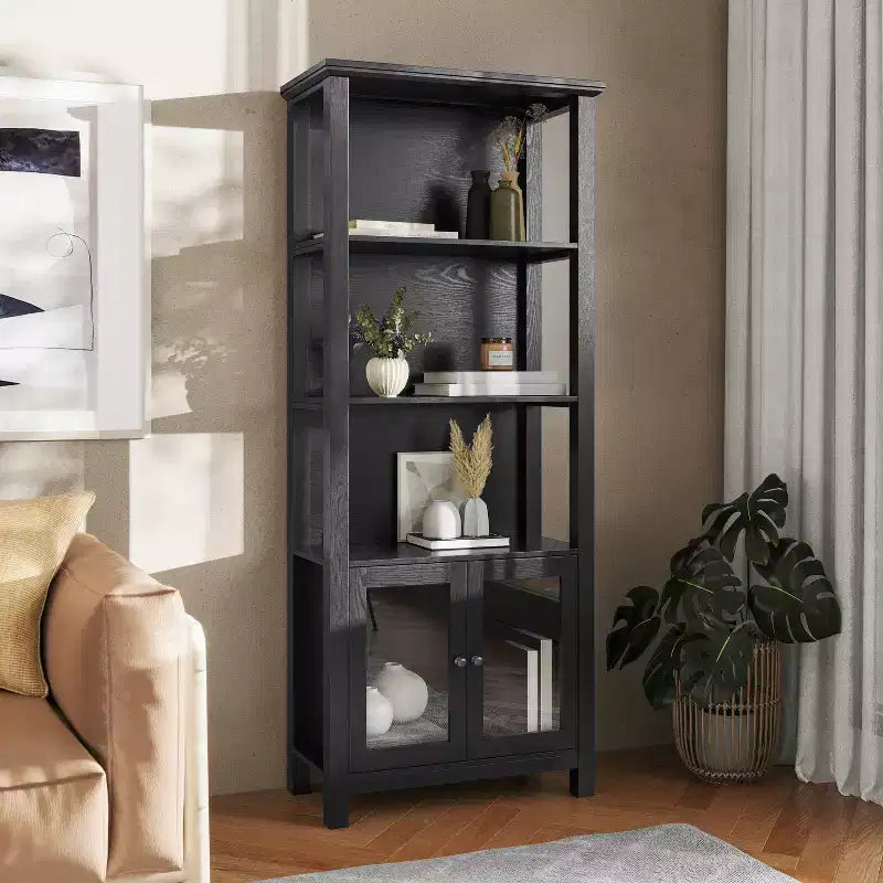 Libreria e armadietto contenitore Flash Furniture Stella Modern Farmhouse con ante in vetro temperato e 3 ripiani superiori