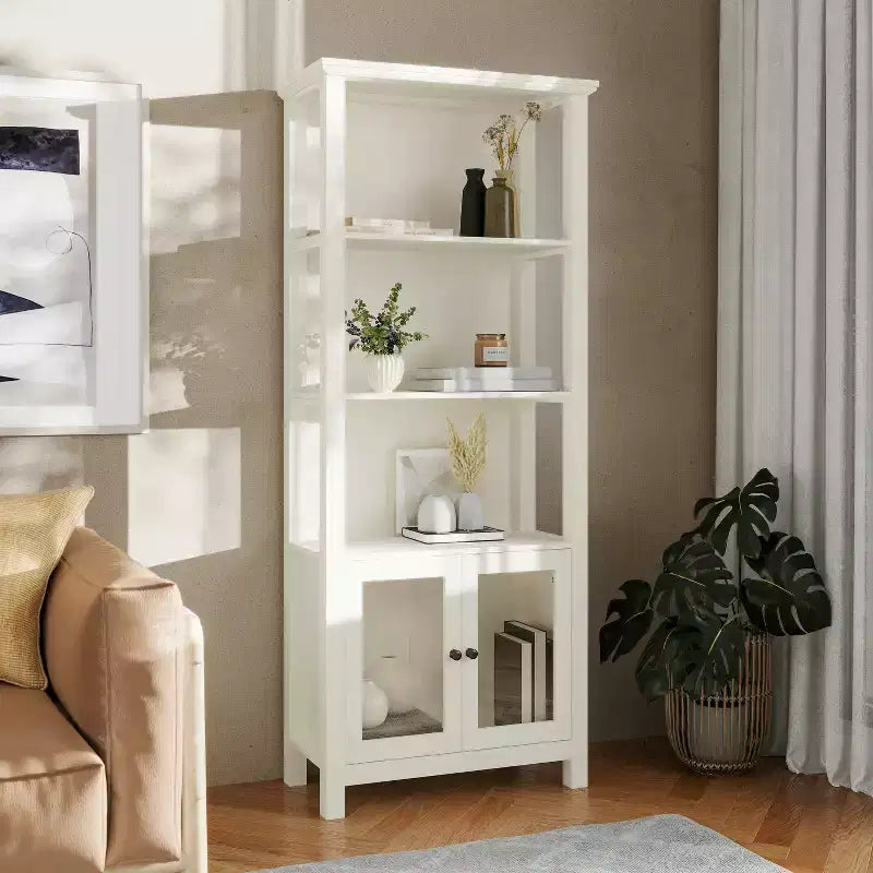 Libreria e armadietto contenitore Flash Furniture Stella Modern Farmhouse con ante in vetro temperato e 3 ripiani superiori