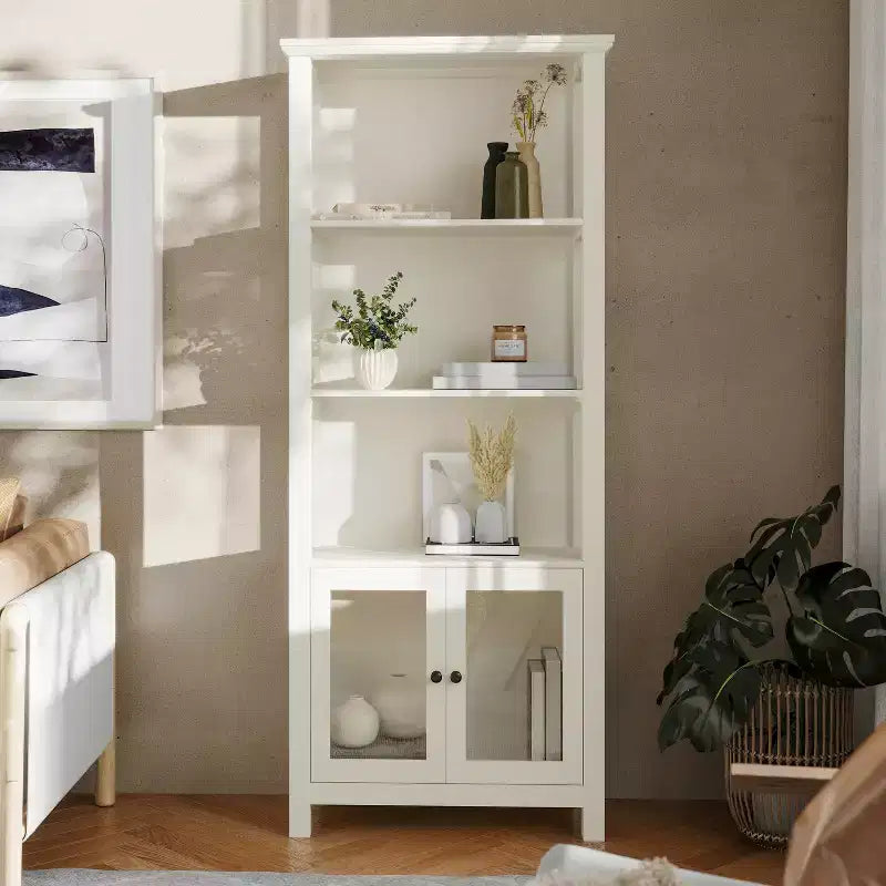 Libreria e armadietto contenitore Flash Furniture Stella Modern Farmhouse con ante in vetro temperato e 3 ripiani superiori