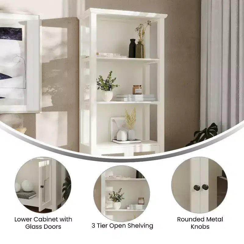 Libreria e armadietto contenitore Flash Furniture Stella Modern Farmhouse con ante in vetro temperato e 3 ripiani superiori