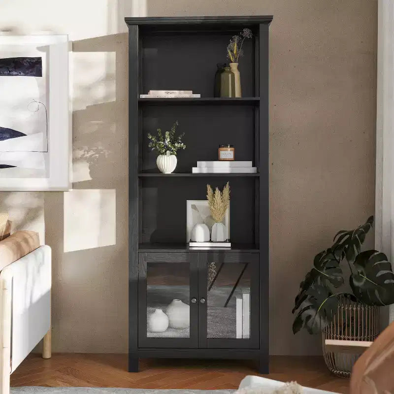 Libreria e armadietto contenitore Flash Furniture Stella Modern Farmhouse con ante in vetro temperato e 3 ripiani superiori