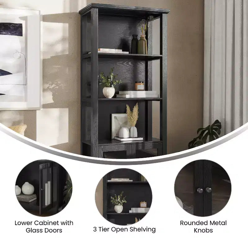 Libreria e armadietto contenitore Flash Furniture Stella Modern Farmhouse con ante in vetro temperato e 3 ripiani superiori
