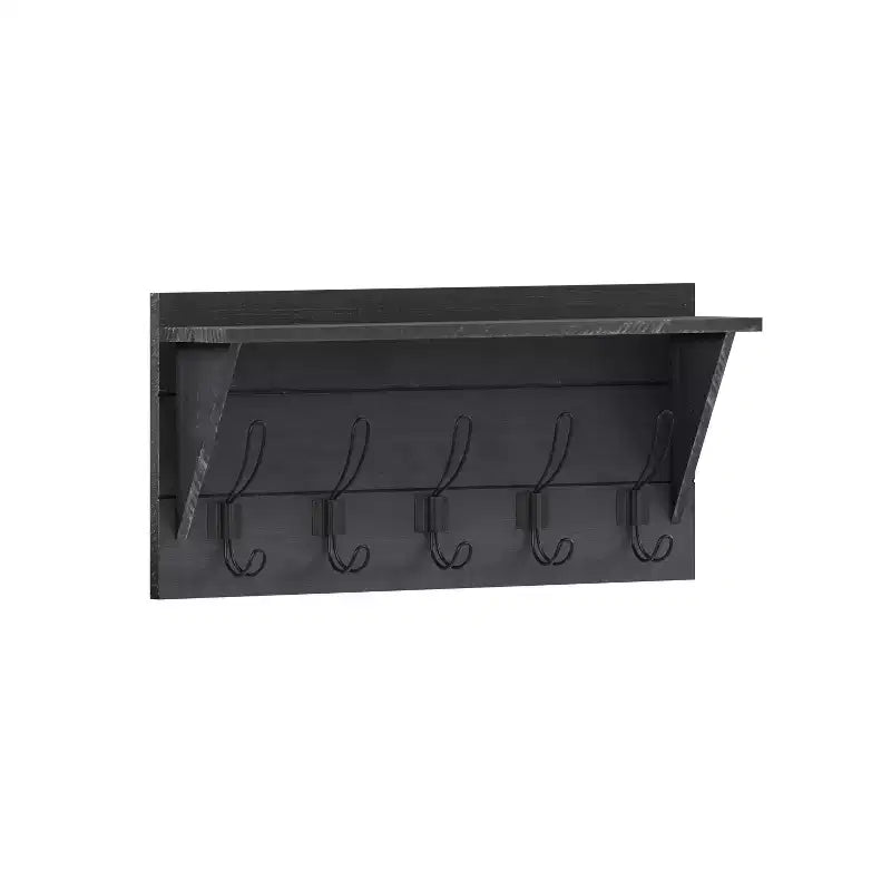 Flash Furniture Daly Wall Mounted Solid Pine Wood Storage Rack with Upper Shelf and 5 Hanging Hooks For Entryway, Kitchen, Bathroom