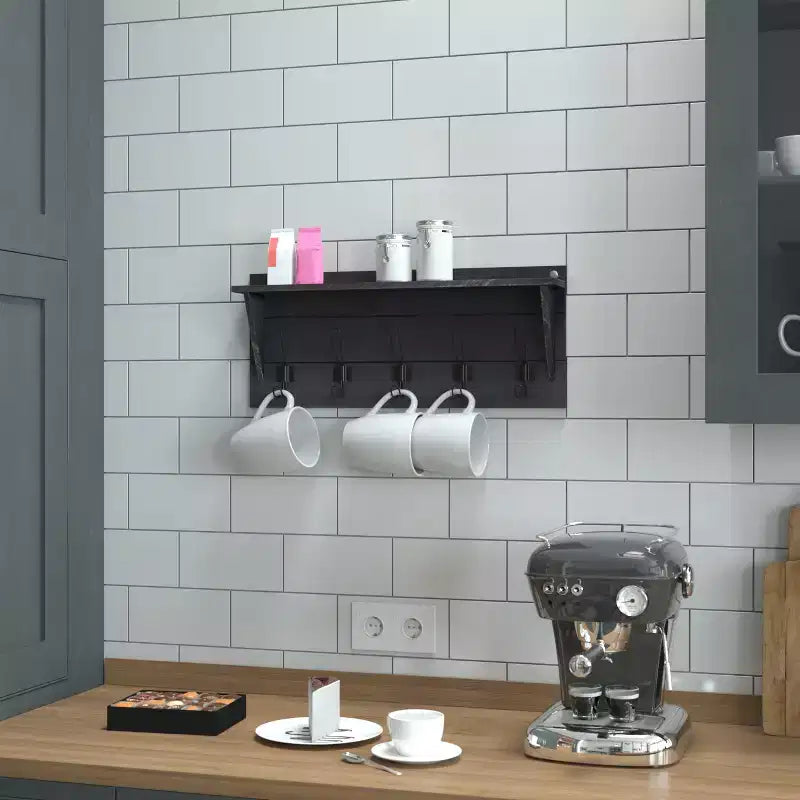 Flash Furniture Daly Scaffale portaoggetti da parete in legno di pino massiccio con ripiano superiore e 5 ganci appendiabiti per ingresso, cucina, bagno