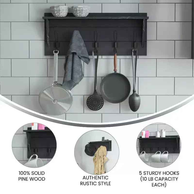 Flash Furniture Daly Scaffale portaoggetti da parete in legno di pino massiccio con ripiano superiore e 5 ganci appendiabiti per ingresso, cucina, bagno