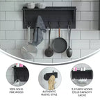 Flash Furniture Daly Scaffale portaoggetti da parete in legno di pino massiccio con ripiano superiore e 5 ganci appendiabiti per ingresso, cucina, bagno