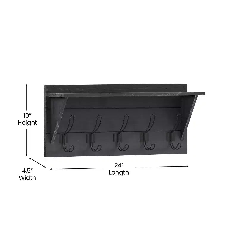 Flash Furniture Daly Scaffale portaoggetti da parete in legno di pino massiccio con ripiano superiore e 5 ganci appendiabiti per ingresso, cucina, bagno