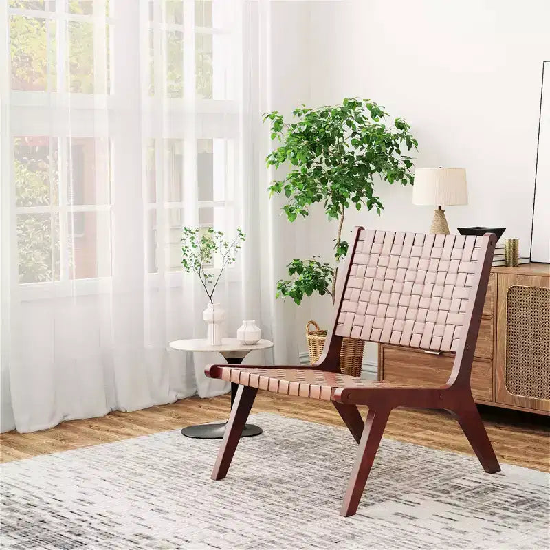 Costway Sedia d'Appoggio in Pelle Intrecciata Sedia Laterale Senza Braccioli in Legno di Gomma Stile Mid-Century
