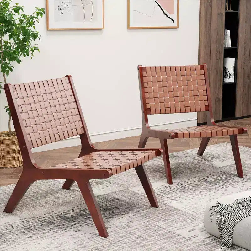 Costway Sedia d'Appoggio in Pelle Intrecciata Sedia Laterale Senza Braccioli in Legno di Gomma Stile Mid-Century