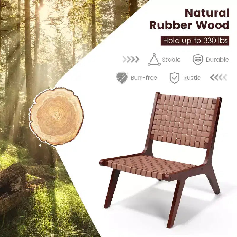 Costway Sedia d'Appoggio in Pelle Intrecciata Sedia Laterale Senza Braccioli in Legno di Gomma Stile Mid-Century