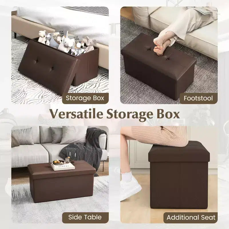 Costway Pouf Contenitore Pieghevole Rettangolare Rivestito in Ecopelle PVC da 85 Litri Nero/Marrone/Bianco