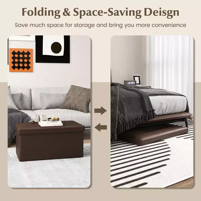Costway Pouf Contenitore Pieghevole Rettangolare Rivestito in Ecopelle PVC da 85 Litri Nero/Marrone/Bianco