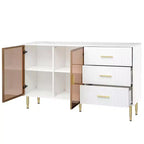 Credenza moderna, mobile contenitore con ante in vetro temperato color ambra e gambe e maniglie in metallo dorato-ModernLuxe