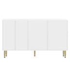 Credenza moderna, mobile contenitore con ante in vetro temperato color ambra e gambe e maniglie in metallo dorato-ModernLuxe