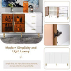 Credenza moderna, mobile contenitore con ante in vetro temperato color ambra e gambe e maniglie in metallo dorato-ModernLuxe